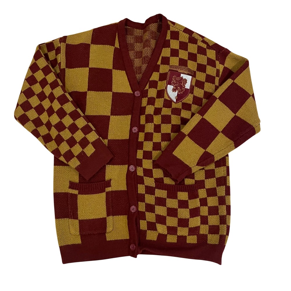 Harry Potter Gryffindor Cardigan Sweater Burgundy Gold Checkered Crest Mens XL